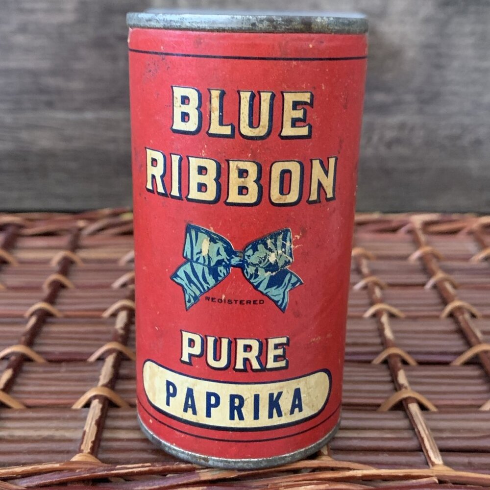 Vintage Blue Ribbon Pure Paprika Spice Can Tin Red Canada Paper Label Cylinder